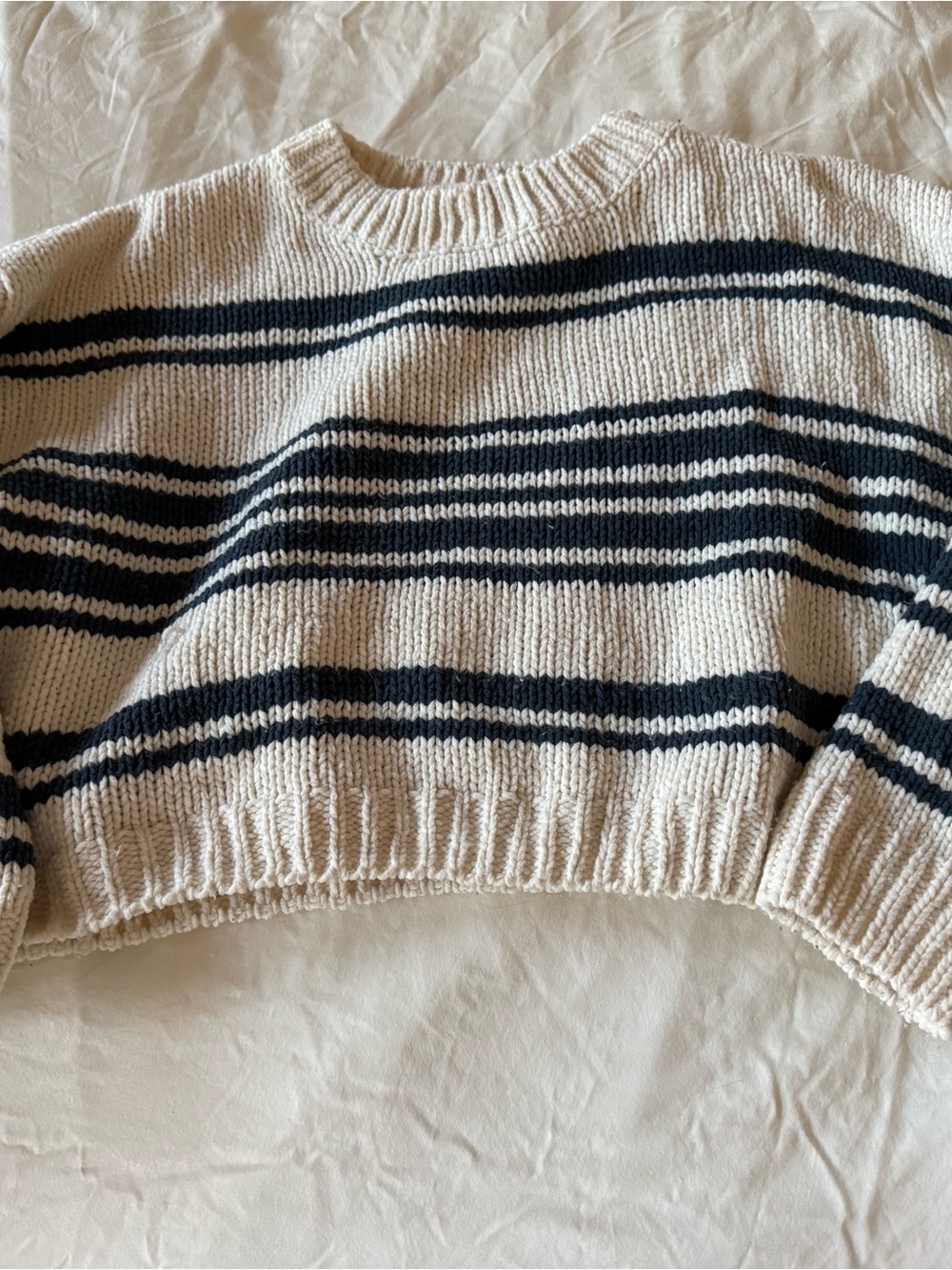 POL Cream and Navy Striped Crewneck Sweater